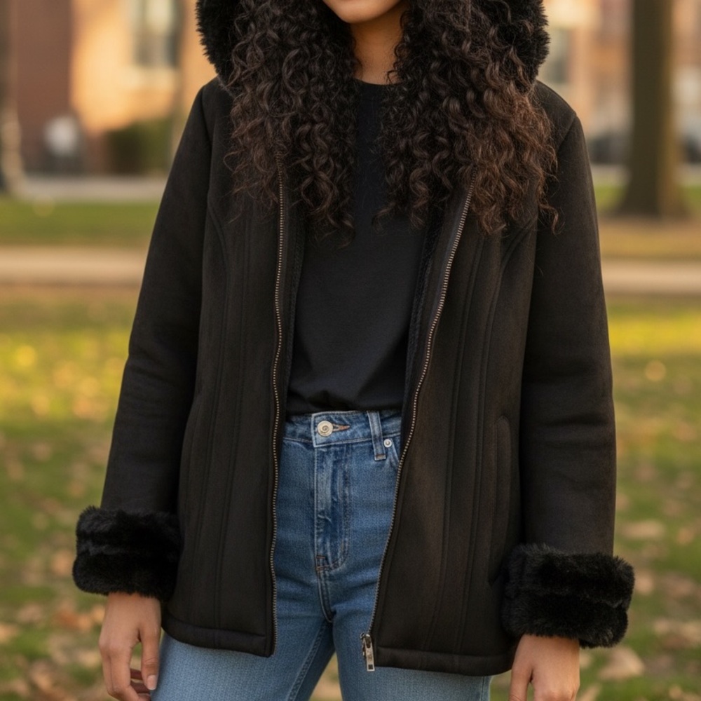 Elegant Black Faux Fur Trim Pea Coat